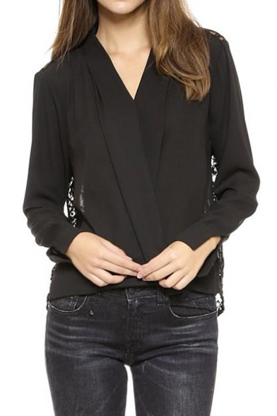 Black Wrap Front Lace Back Long Sleeve Blouse