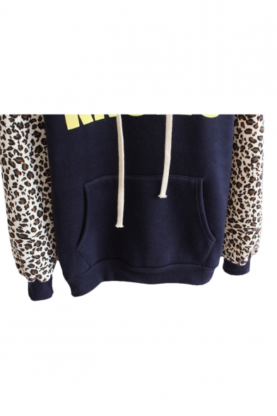Leopard and Letter Print Pocket Front Hoodie with Long Sleeve