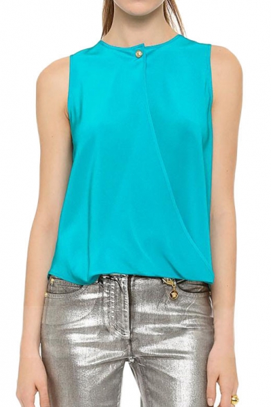 Blue Open Back Sleeveless Top with Button Detail