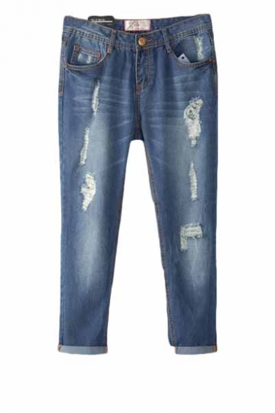 Blue Zip Fly Ripped Crop Jeans with Ankle-cuff