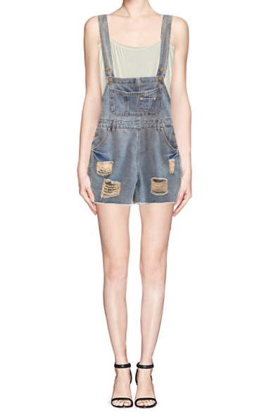 Pocket Front Ripped Denim Overall Shorts in Light Wash