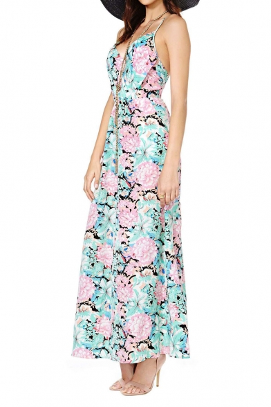 Breezy Floral Print V Neck Crossback Maxi Dress
