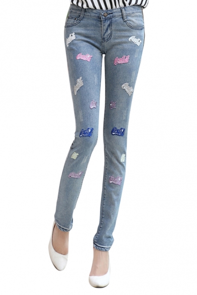 Colorful Letter Print Zip Fly Skinny Jeans