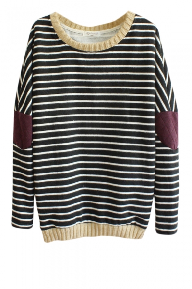 Contrast Trim Elbow Patch Long Sleeve Sweatshirt in Stripe Print ...