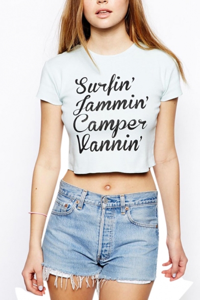 Letter Print Crop Top with Short Sleeve