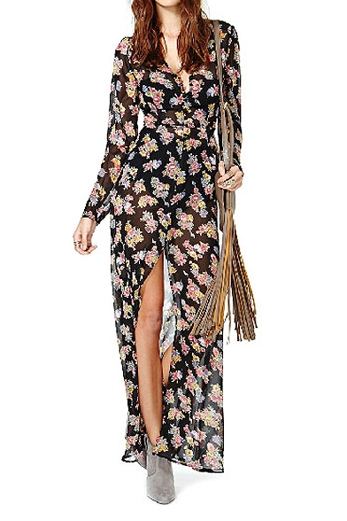 Floral Print Long Sleeve Split Front Maxi Dress - Beautifulhalo.com