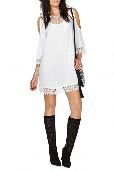 Elegant Cold Shoulder Dress with Crochet Trim
