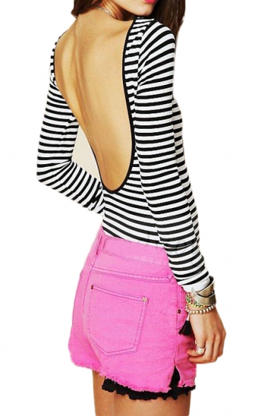 Stripe Print Backless Long Sleeve Round Neck Top