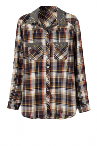 Check Print Pocket Front Long Sleeve Shirt with Bead Detail