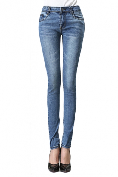 Mid Waist Zip Fly Skinny Jeans with Pockets