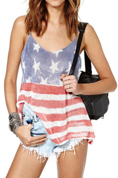Women American Flag Printing Vest Sleeveless Blouse Tank Tops T-Shirt