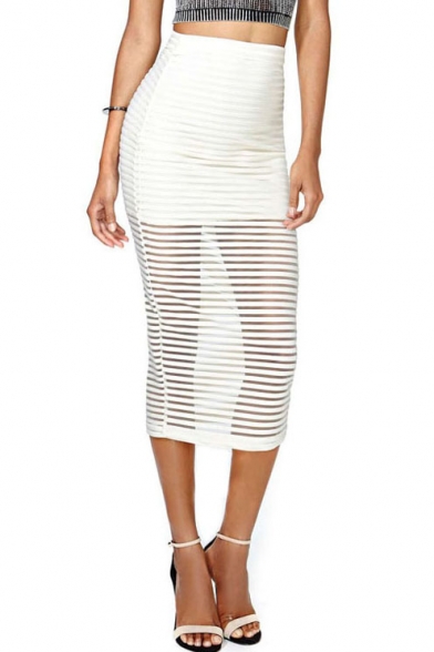 Stripe Print Bodycon Sheer Skirt in Tea Length