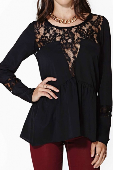 Sexy Lace Insert Long Sleeve Blouse with Split Back