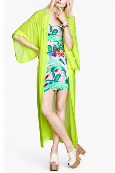 Shinning Green Longline Kimono in Chiffon with Loose Sleeve