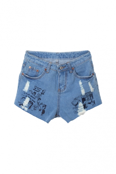 Blue Ripped Graphic Denim Shorts with High Waist - Beautifulhalo.com