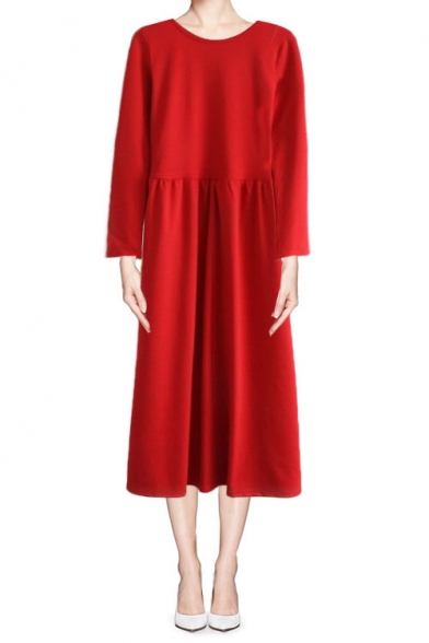 Elegant Plain Long Sleeve Dress in Maxi Length