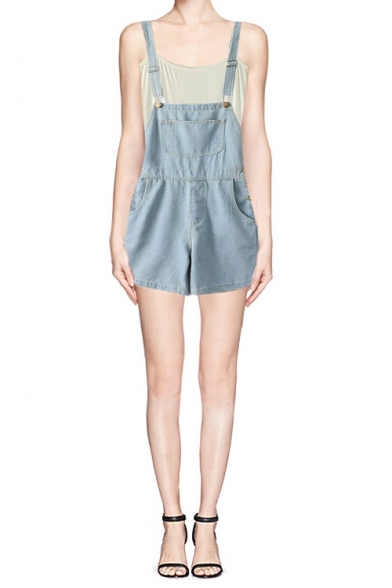 Denim High Waist Adjustable Straps Overall Shorts with Pockets