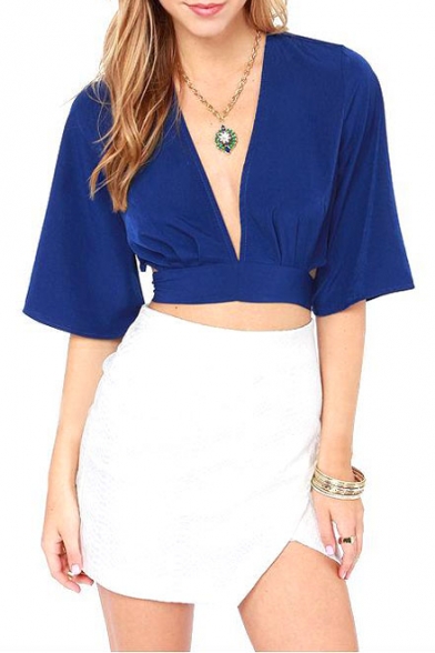 Sexy Plunge Neck Short Sleeve Crop Top with Tie Back
