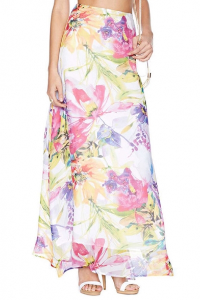 Beautiful Floral Print Maxi Skirt with Side Split
