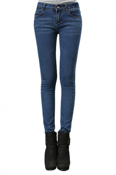 Mid Wash Zip Fly Skinny Jeans with Whiskering