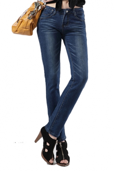 Mid Rise Zipper Fly Skinny Jeans with Whiskering