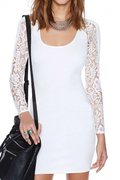 Lace Insert Bodycon Long Sleeve Dress with Bead Detail