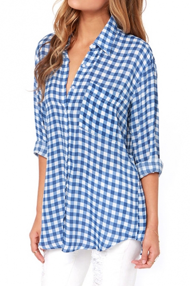 Gingham Print Long Sleeve Tunic Shirt with Pocket Front - Beautifulhalo.com