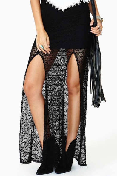 Black Skinny Lace Insert Maxi Skirt with Double Slit Front