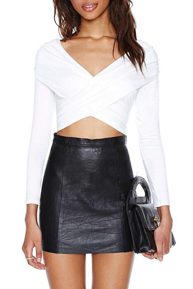 Wrap Front Long Sleeve Cropped Top in Skinny Fit