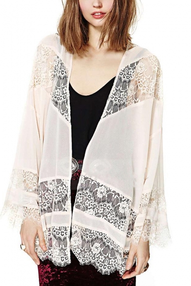 Elegant Lace Panel Open Front Kimono with Long Sleeve