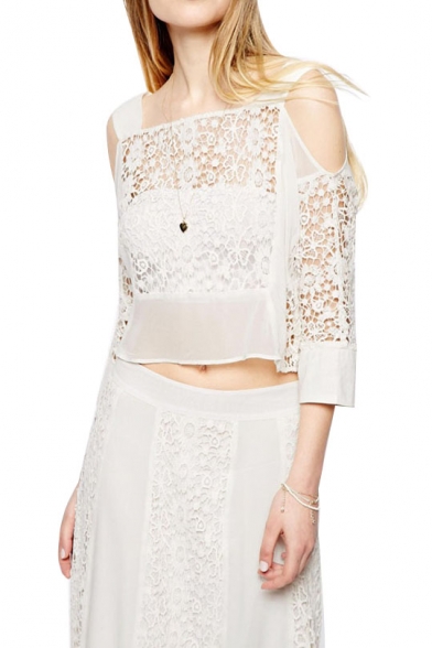 Lace Insert Cold Shoulder Top with Single-breasted Back
