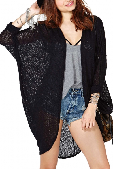 Plain Open Front Cardigan with Batwing Sleeve