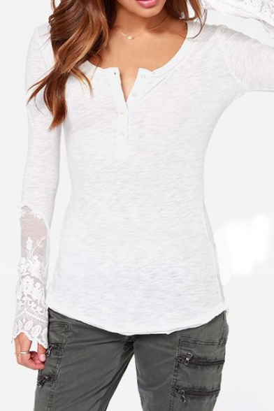 Lace Insert Dip Hem Top with Bell Sleeve