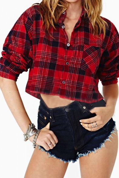 Red Plaid Print Pocket Front Cropped Shirt