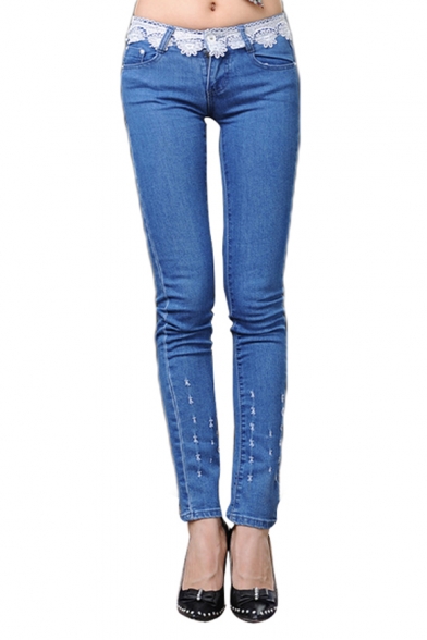 Distressed Skinny Jeans with Crochet-trim Waist