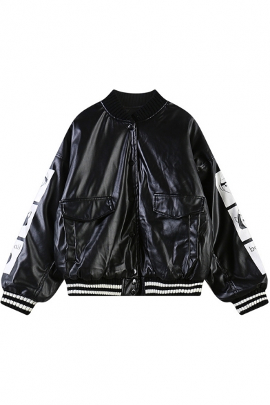 Black Letter Print PU Baseball Jacket with Double Pockets Front
