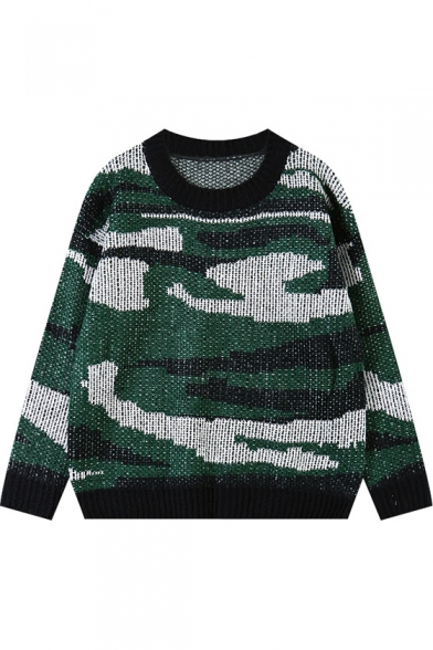 Camouflage Print Round Neck Long Sleeve Sweater
