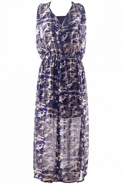 Camouflage Print V-Neck Sleeveless Chiffon Dress