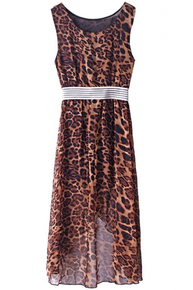Leopard Print Round Neck Sleeveless Fitted Dress
