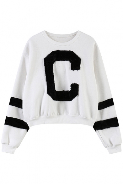 Letter C Pattern Round Neck Fluffy Sleeve Crop Sweatshirt
