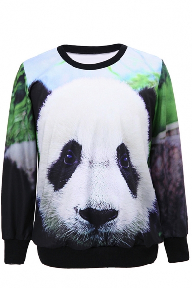 Panda Head Print Round Neck Long Sleeve Sweatshirt