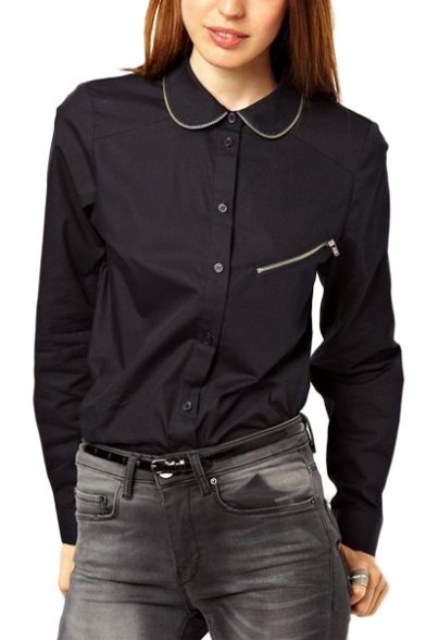Plain Button-Front Zipper Detail Shirt with Peter Pan Collar