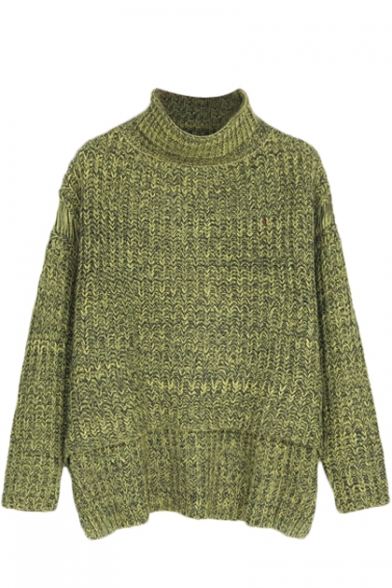 Plain High Neck Chunky Knitted Long Sleeve Sweater in Dip Hem