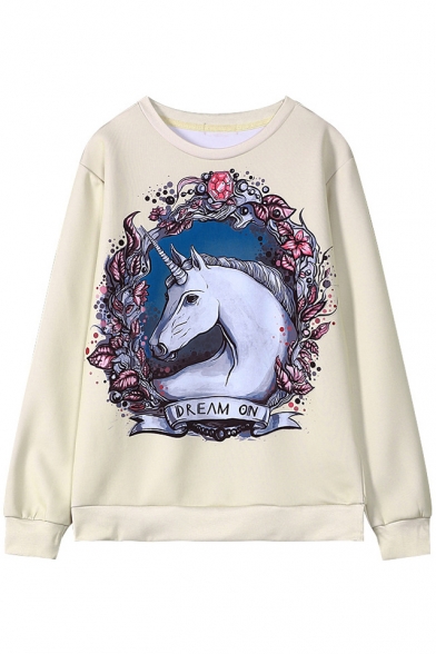 Unicorn Pattern Print Round Neck Long Sleeve Sweatshirt