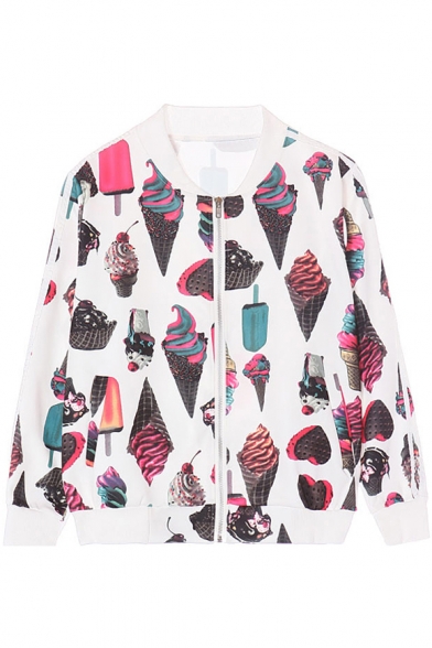 White Ice Cream Print Stand Collar Long Sleeve Jacket with Zipper Fly ...