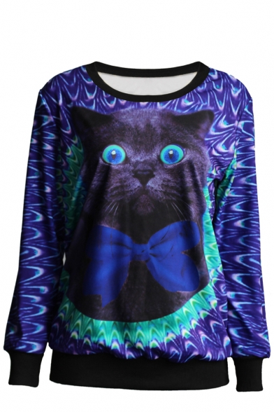 Black Cat Print Round Neck Long Sleeve Sweatshirt