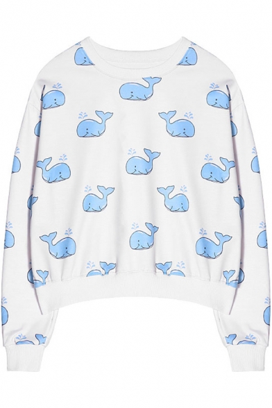 Dolphin Print Long Sleeve Round Neck Loose Sweatshirt