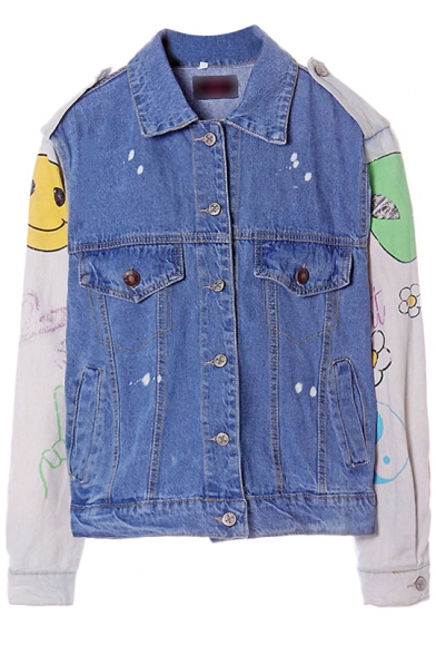 Color Panel Cartoon Printed Denim Jacket with Single-breasted
