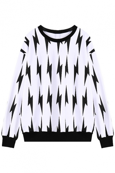 Black Lightning Print Long Sleeve Loose Sweatshirt with Round Neck