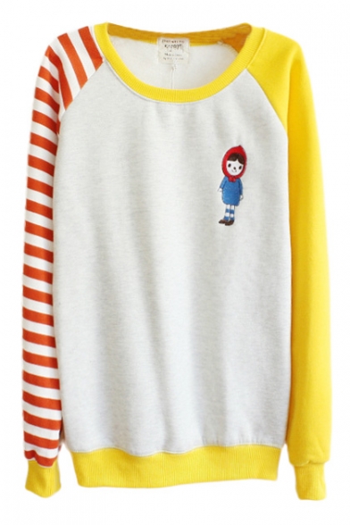 Color Block Round Neck Sweatshirt with One Striped Sleeve